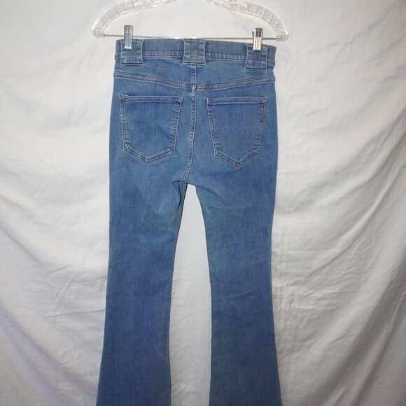 Express Bell Slim Flare High Rise Silver Ring Zip Denim Stretch Jeans 8R Retro - Picture 3 of 9
